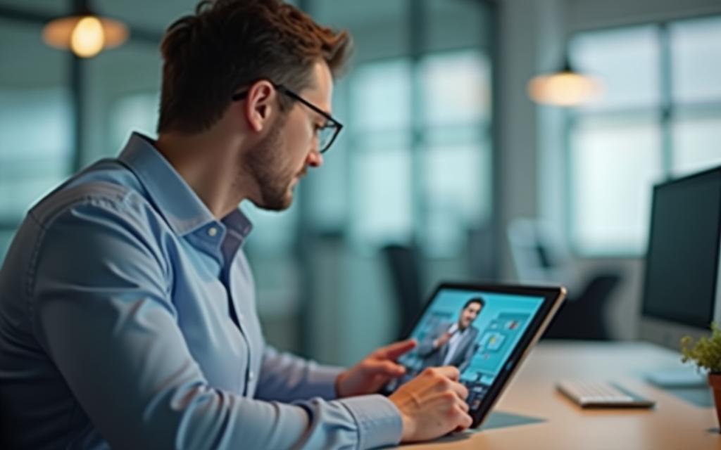Professional watching online training video on a tablet